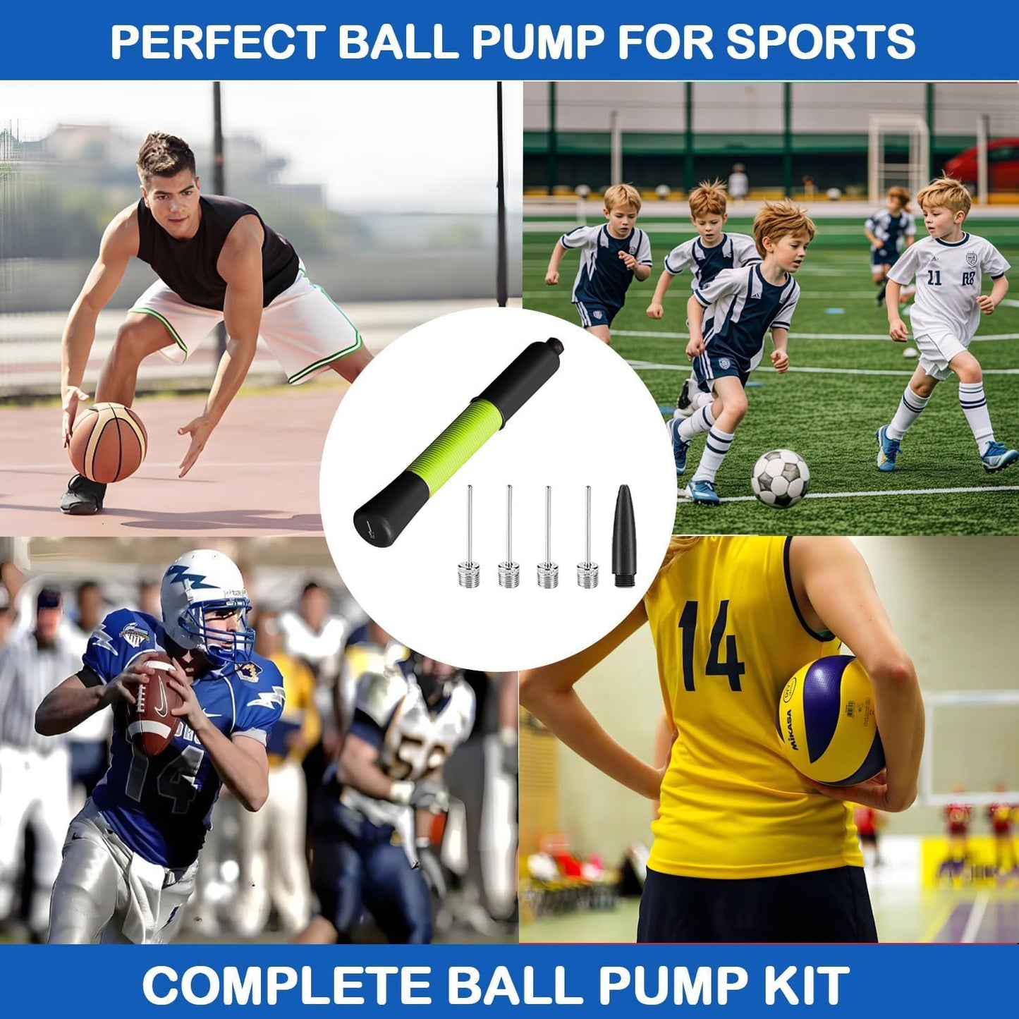 Ball Pump with Needle Storage, 5 Needles & Extension Hose for Sports Balls