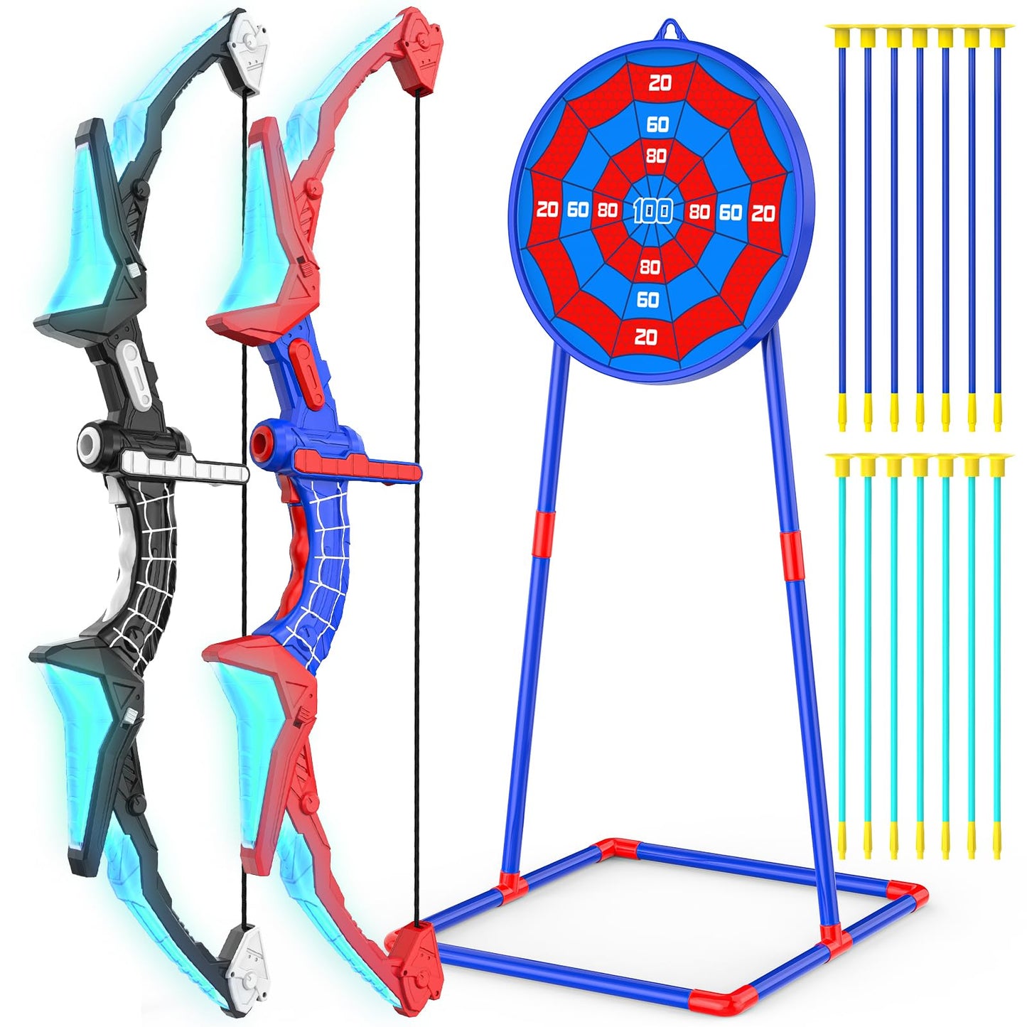 Polkoliye 2 Pack of Kids Bow and Arrow Set, LED Light Up Archery Toy Set with 14 Suction Cup Arrows, Detachable Target, Indoor Outdoor Hunting Play Gift Toys for Kids, Boys & Girls Ages 6-12