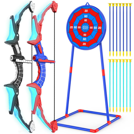 Polkoliye 2 Pack of Kids Bow and Arrow Set, LED Light Up Archery Toy Set with 14 Suction Cup Arrows, Detachable Target, Indoor Outdoor Hunting Play Gift Toys for Kids, Boys & Girls Ages 6-12