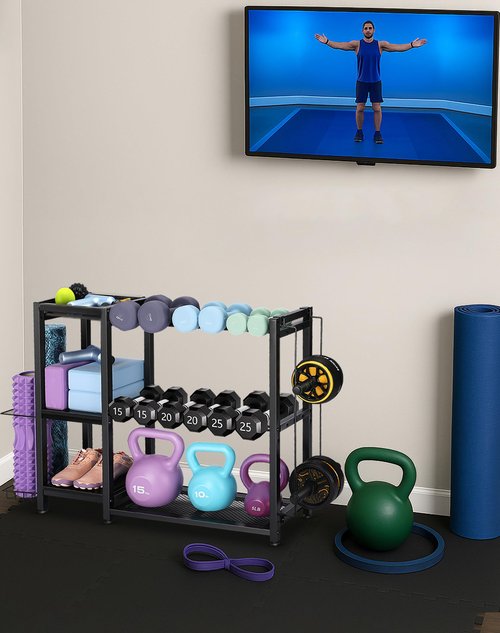 FHXZH 3-Tier Dumbbell Rack Stand Only - Adjustable Weight Rack for Home Gym, Heavy-Duty Weight Stand for Dumbbells Kettlebells Foam Roller Yoga Mats, Workout Equipment Storage Organizer With Hooks (Black)
