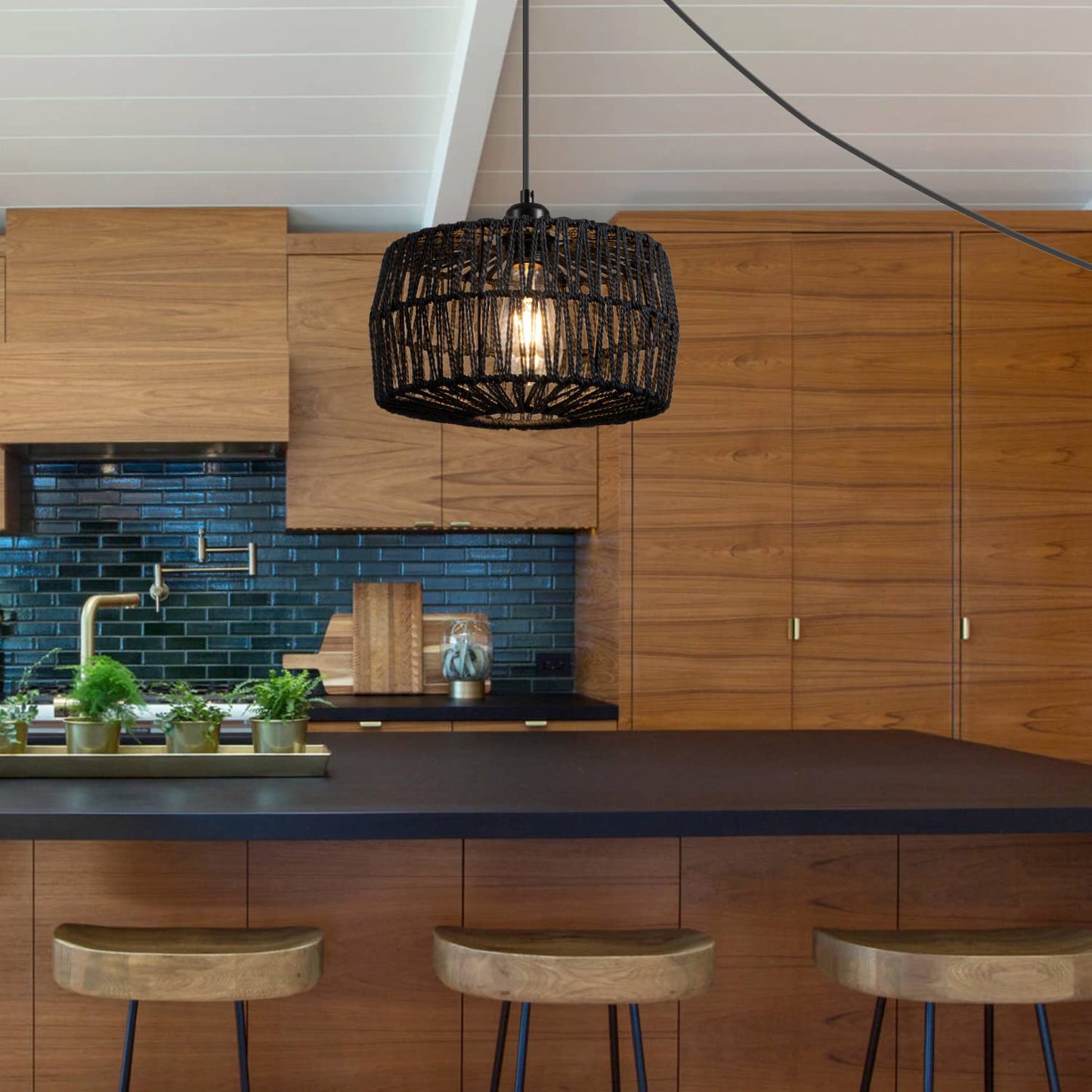 YongMing CL 11.42’’ Black Woven Plug in Pendant Light Fixture, Rustic Round Ceiling Hanging Light with Plug in Cord & On/Off Switch for Entry Bedroom Kitchen Island Living Dining Room Foyer