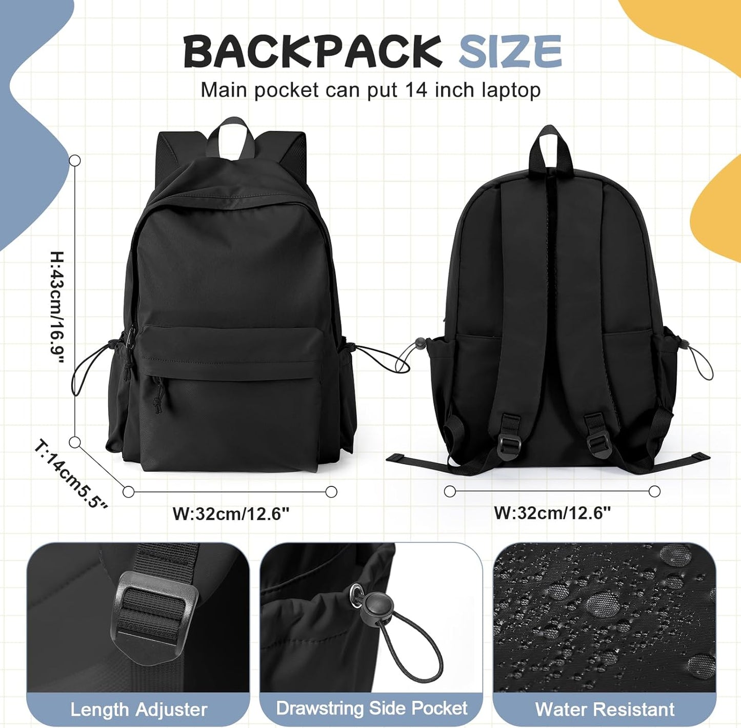 PAUBACK Black Waterproof School Backpack - Lightweight Cute Bag for Girls, Teens & Women