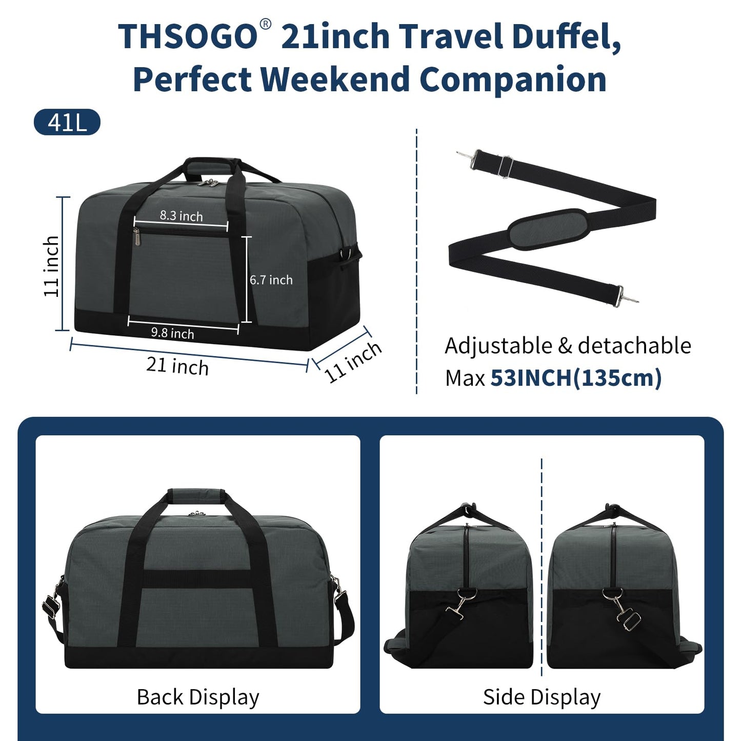 THSOGO 21 inch Gym Bag for Men - 40L Travel Duffel Bag Sport Duffle Bags for Weekend Overnight with Bottom Support (Dark Grey）