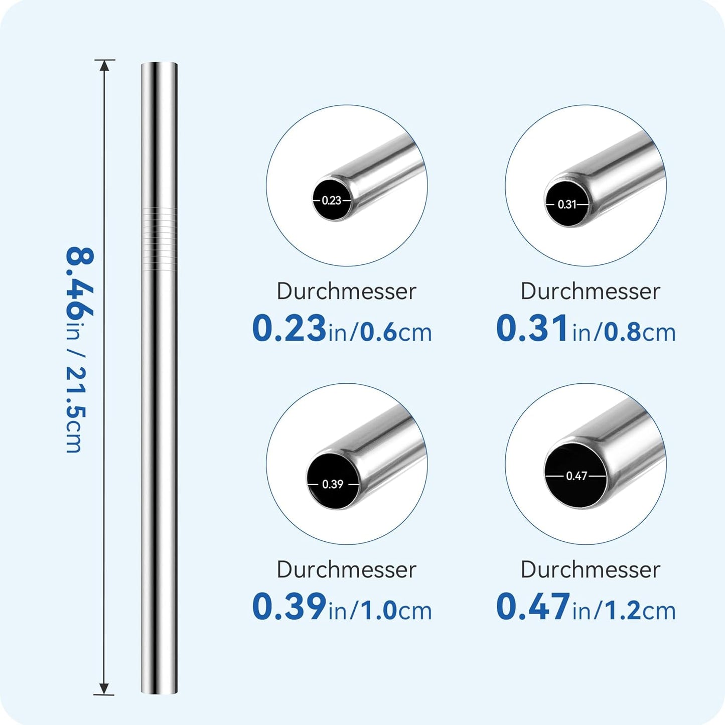 Stainless Steel Straw Set by [Brand Name] - 4-Pack Reusable Straws | 215mm Length, 6/8/10/12mm Diameters - Perfect for Coffee & Smoothies