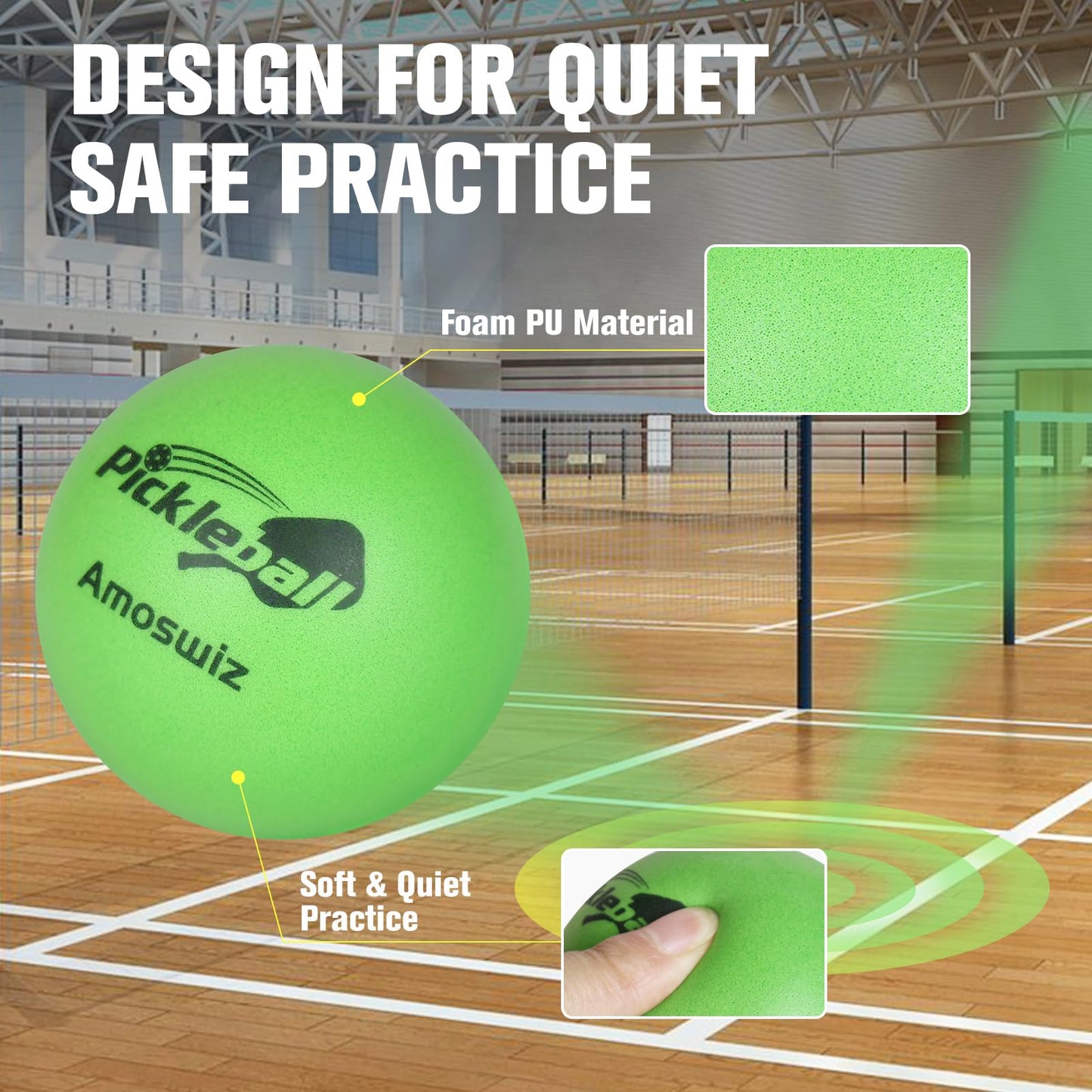 Amoswiz Silent Pickleball Balls, 6 Pack of Foam Pickle Balls for Practice, Noise Reducing Soft Pickle Ball, Quiet Pickleballs with Mesh Bag