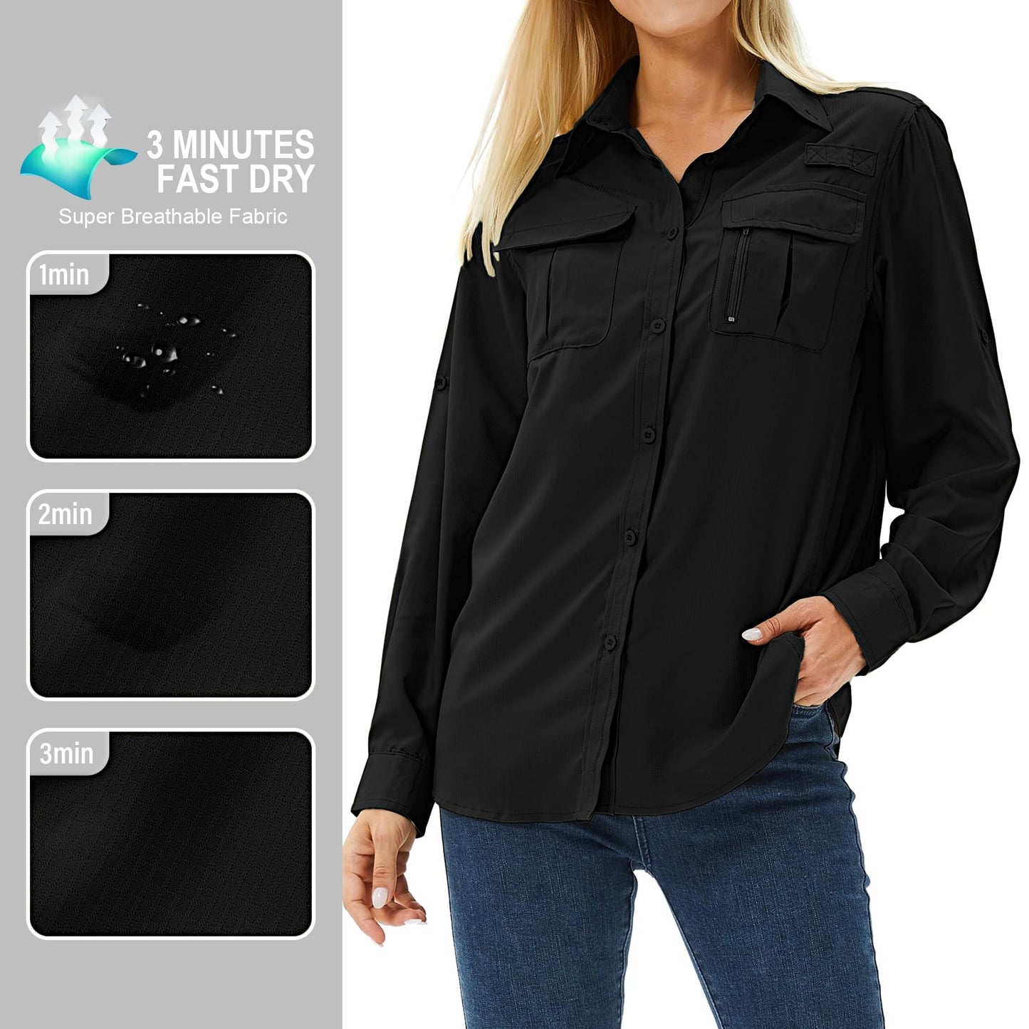 Toumett Women's UPF 50 Long Sleeve UV Sun Protection Safari Shirts Outdoor Quick Dry Fishing Hiking Travel Shirts(5071,Black,L)