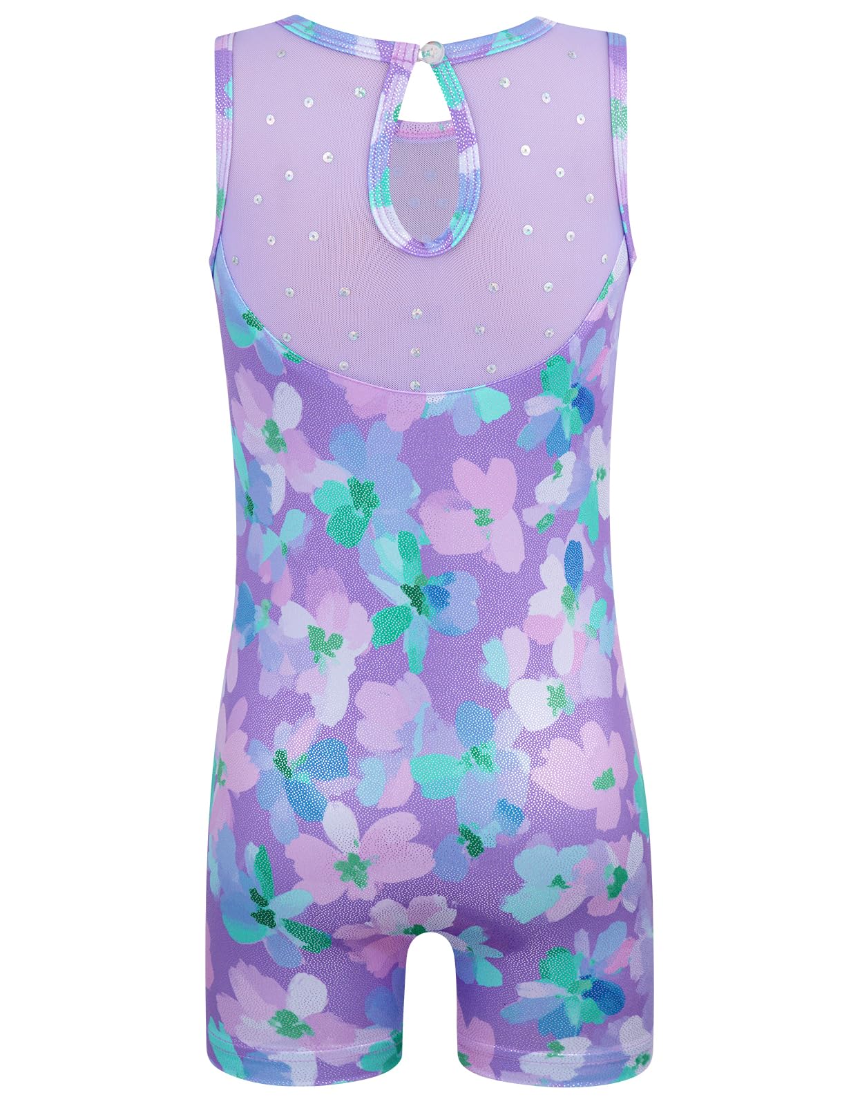HOZIY Leotards for Girls Gymnastics 3t 4t Mesh Neckline with Iridescent Rhinestones Back Cut Out Sleeveless Purple Floral Biketard Shorts Tumbling Outfits Toddler Kids Sparkly Shiny
