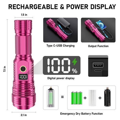 Flashlights High Lumens Rechargeable, 100,000LM LED Super Bright Flash Light, Zoomable Linternas with LCD Digital Display, 5 Mode, Waterproof, Powerful Tactical Flashlight for Emergencies Camping Gift