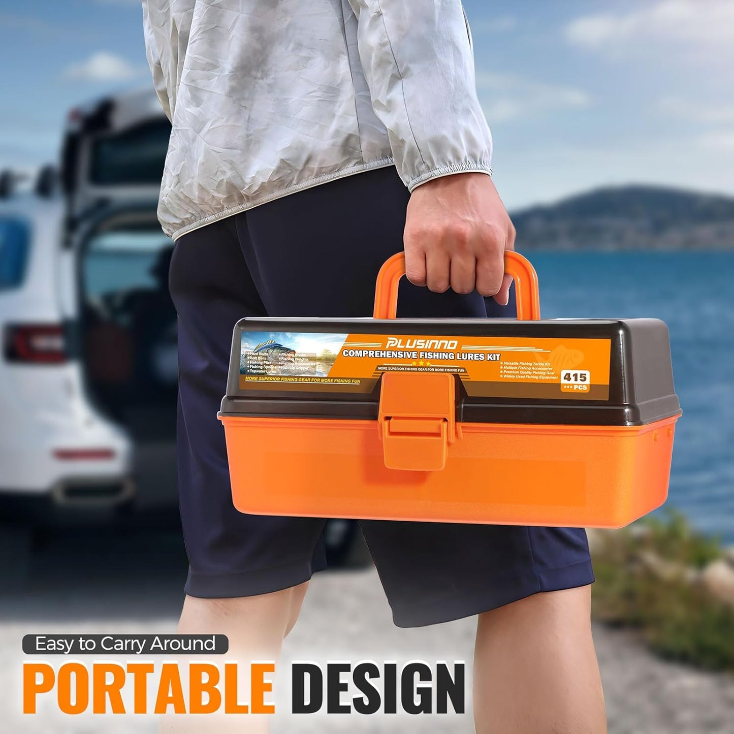 PLUSINNO Large Fishing Tackle Box - 3 Layers with 415Pcs Lures, Pliers, Hooks & Accessories | Perfect Gift for Men