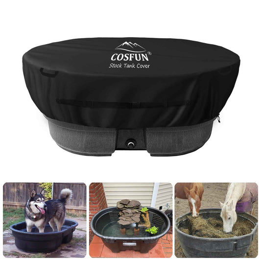 COSFUN 100 Gallon Oval Stock Tank Cover,Waterproof Dust Proof Anti-UV Ice Bath Cover,Keep Water Trough Clean,Black