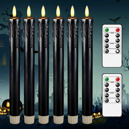 Lezonic Black Flameless Taper Candles Battery Operated with Remote, Long LED Candlesticks Flickering Real Wax Set of 6, 9.5 inch Battery Candles with Realistic 3D Flame for Halloween