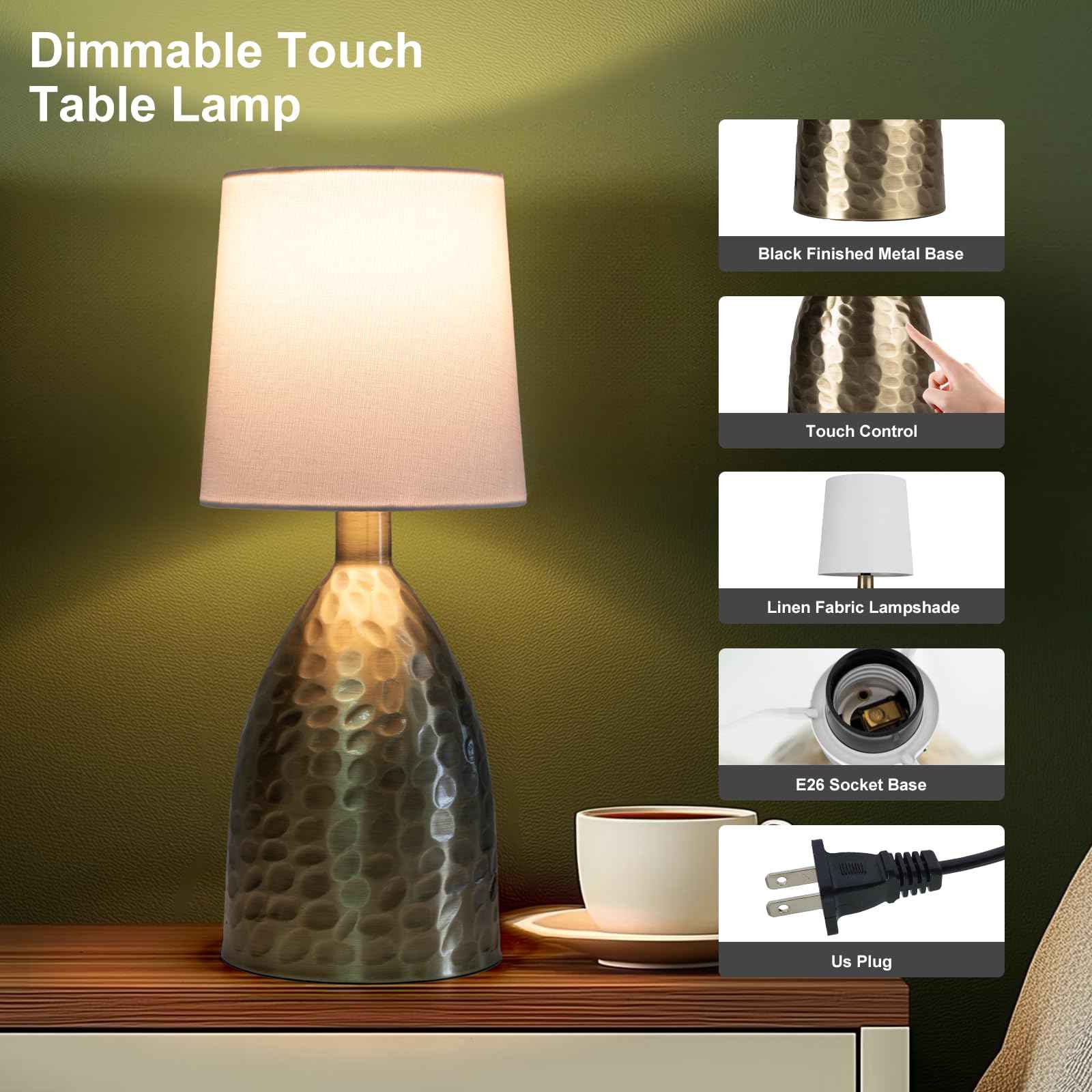 Touch Lamps for Nightstand, Gold Bedside Lamp Touch Control for Bedroom with Linen Shade, Mid Century Modern 13 inch Small Table Lamp for Living Room with E26 Bulb Included (Bronze 13" - 2 Pack)