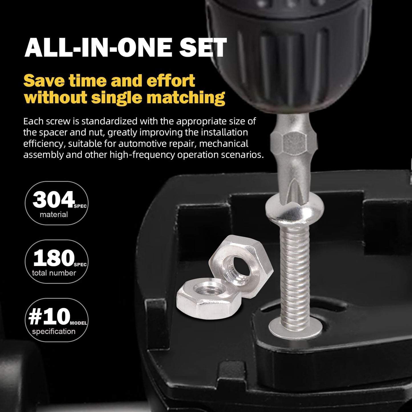 180 PCS Bolt Combination kit # 10 Machine Screws with Locking Washer and Flat Washer, 304 Stainless Steel Phillips Round Head Screws nut and Bolt kit # 10 (3/8 inch,3/4 inch、1 inch)