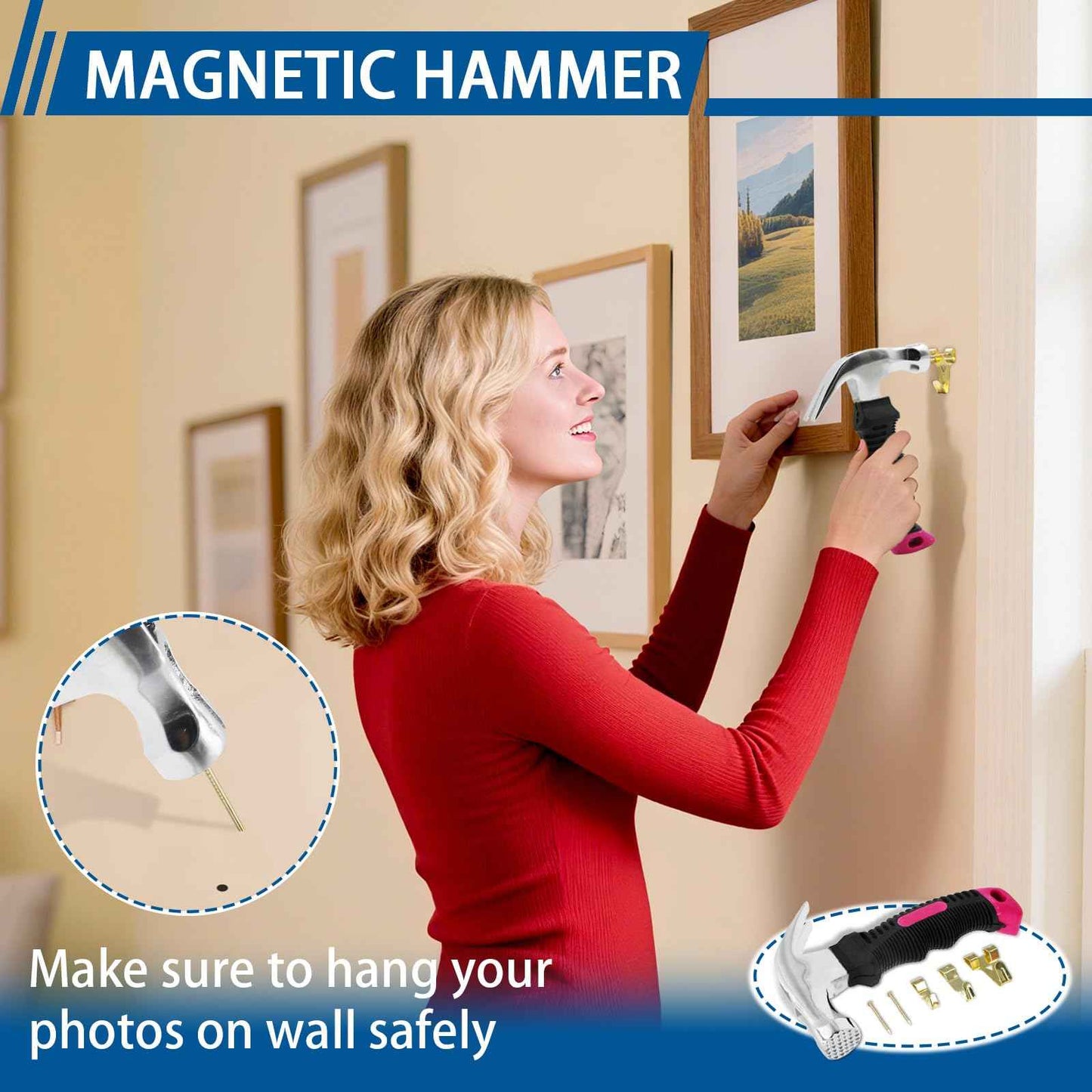 308Pcs Picture Hanging Kit, Hanging Hardware with Hooks, D Ring, Nails, Wire Wall Hanging Kits with Magnetic Level, Small Pink Claw Hammer for Hanging Pictures Frame Painting Home Office Wall Decor