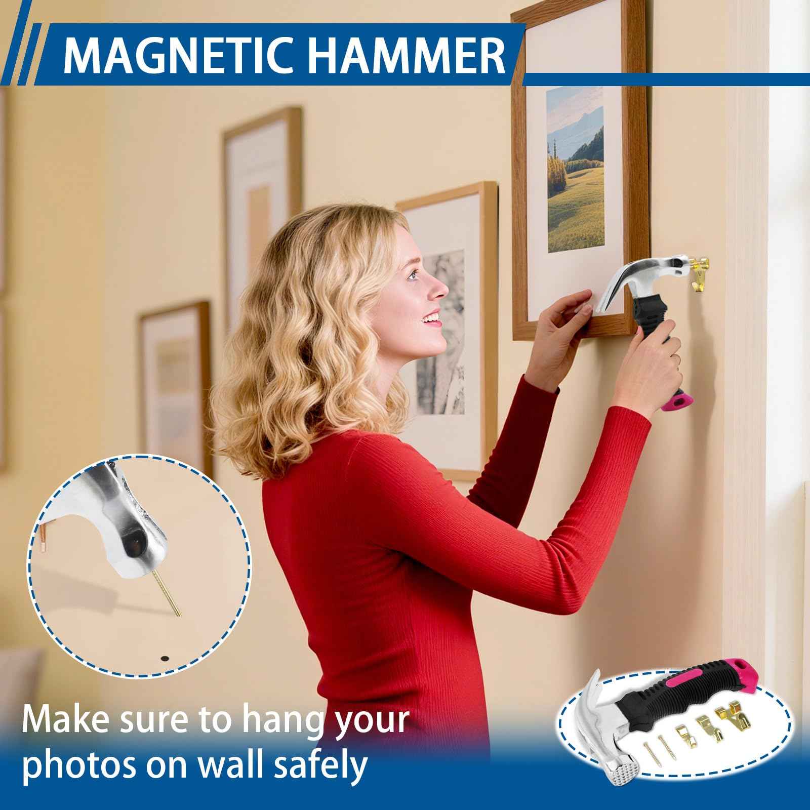 308Pcs Picture Hanging Kit, Hanging Hardware with Hooks, D Ring, Nails, Wire Wall Hanging Kits with Magnetic Level, Small Pink Claw Hammer for Hanging Pictures Frame Painting Home Office Wall Decor