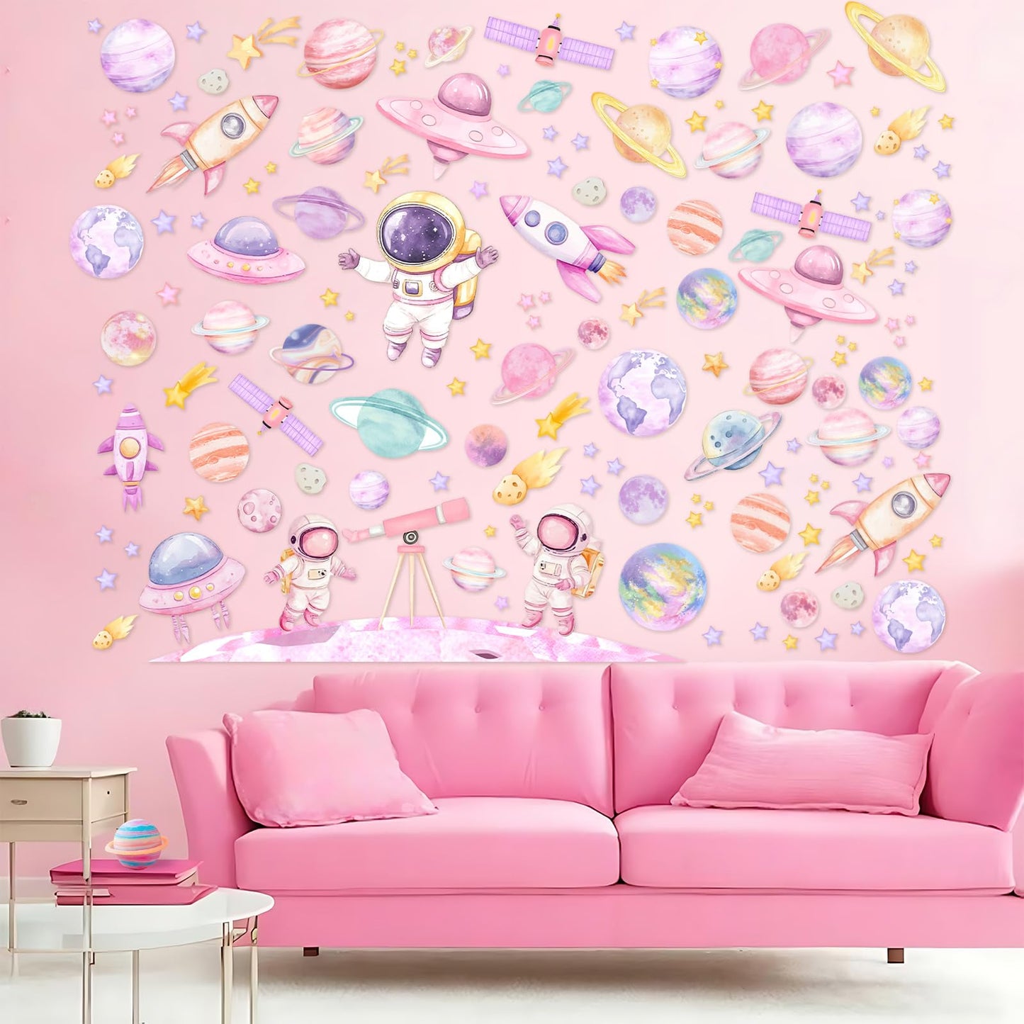 Kreatwow 2pcs Outer Space Wall Stickers for Girl Outer Space Wall Decorations Pink Astronaut Planet Decal Solar System Birthday Decoration Galaxy Rocket Cling Sticker Galaxy Astronaut Party Home Decor