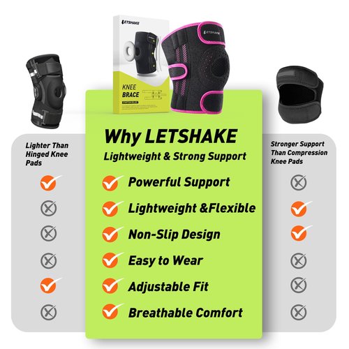 LETSHAKE Knee Brace for Women & Men, Knee Pain Relief with 1.5X Springs Side Stabilizers & Patella Gel Pads Maximum Knee Support Brace for Arthritis Pain, Meniscus Tear, Mountain Climbing, Workouts (Rose, Large)