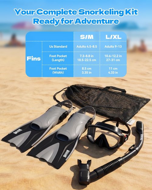 Aegend Snorkeling Gear Set - Anti-Fog Panoramic Mask, Adjustable Fins & Dry Top Snorkel | All-in-One Travel Kit for Swimming & Diving