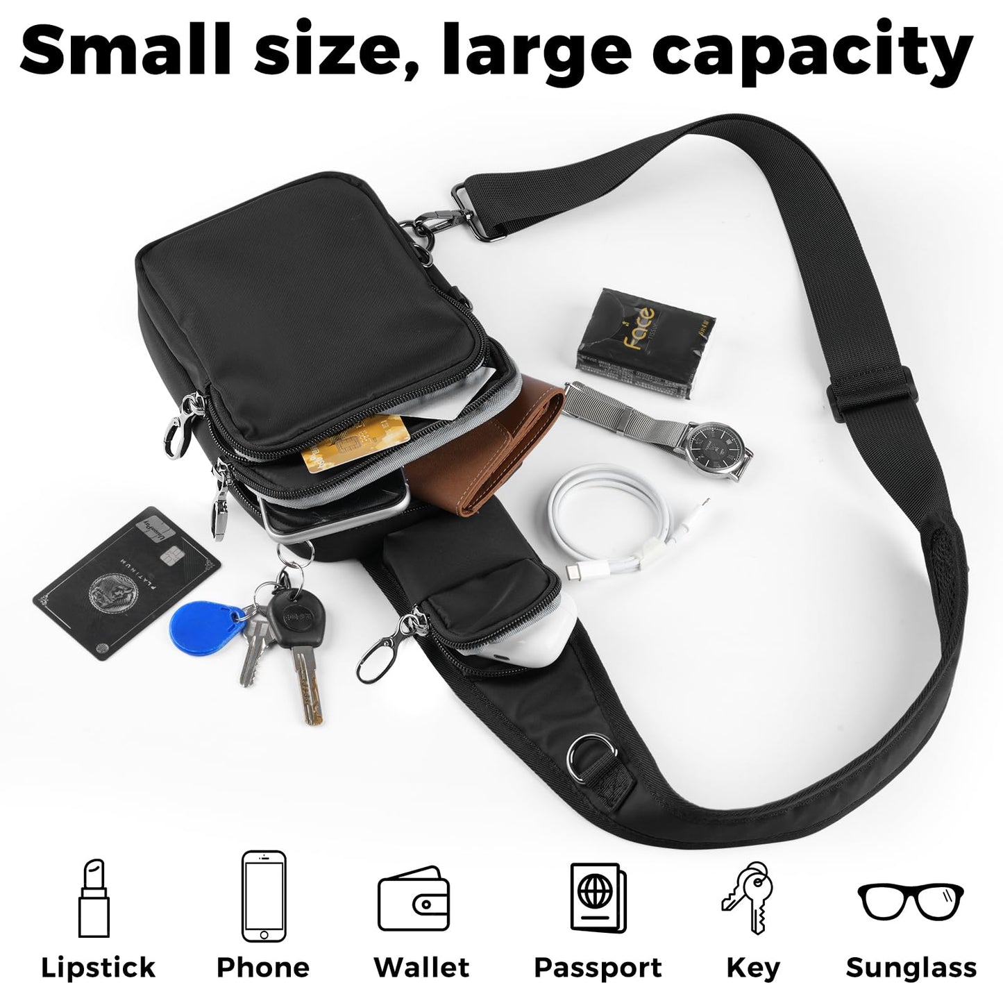 VADOO Sling Bag, Crossbody Bag with Zipper Lock, RFID Blocking & Water Resistant for Men and Women