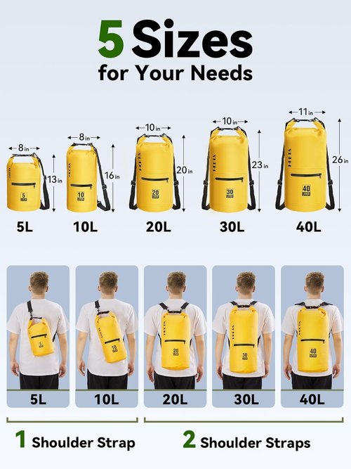 HEETA Waterproof Dry Bag - Lightweight Roll Top Storage with Front Zipper Pocket | 5L/10L/20L/30L/40L for Travel, Kayaking & Camping