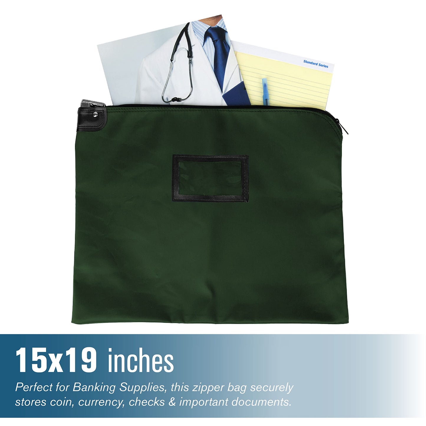 BankSupplies HIPAA Locking Courier Bags - Forest Green - 19W x 15H - Durable Laminated Nylon Fabric - Metal Pop Up Lock - For Money, Coins, Currency, Checks, & Documents