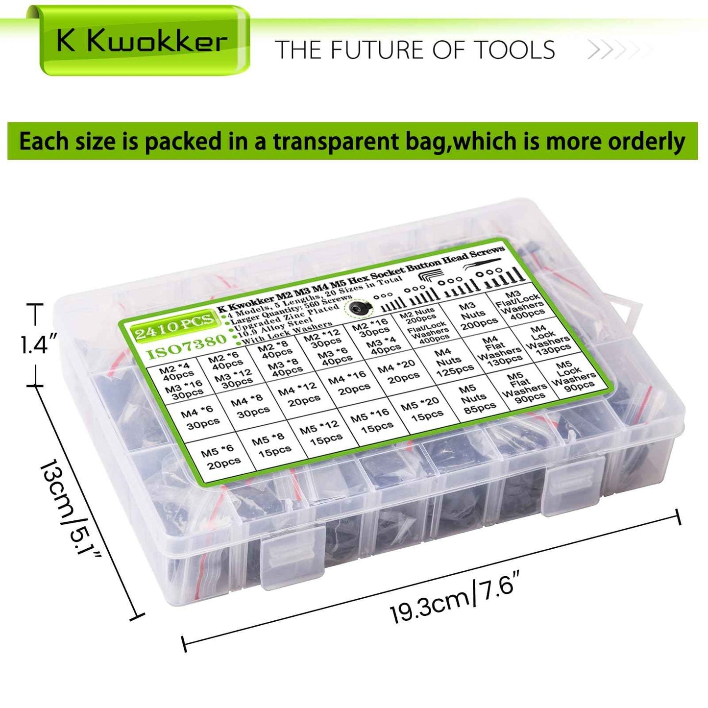 K Kwokker 2410Pcs M2 M3 M4 M5 Nuts and Bolts Assortment Kit 4MM to 20MM Upgraded Zinc Plated Hex Button Head Cap Metric Machine Screws, 10.9 Alloy Steel Bolts and Nuts Kit w/Lock Washers for Screws