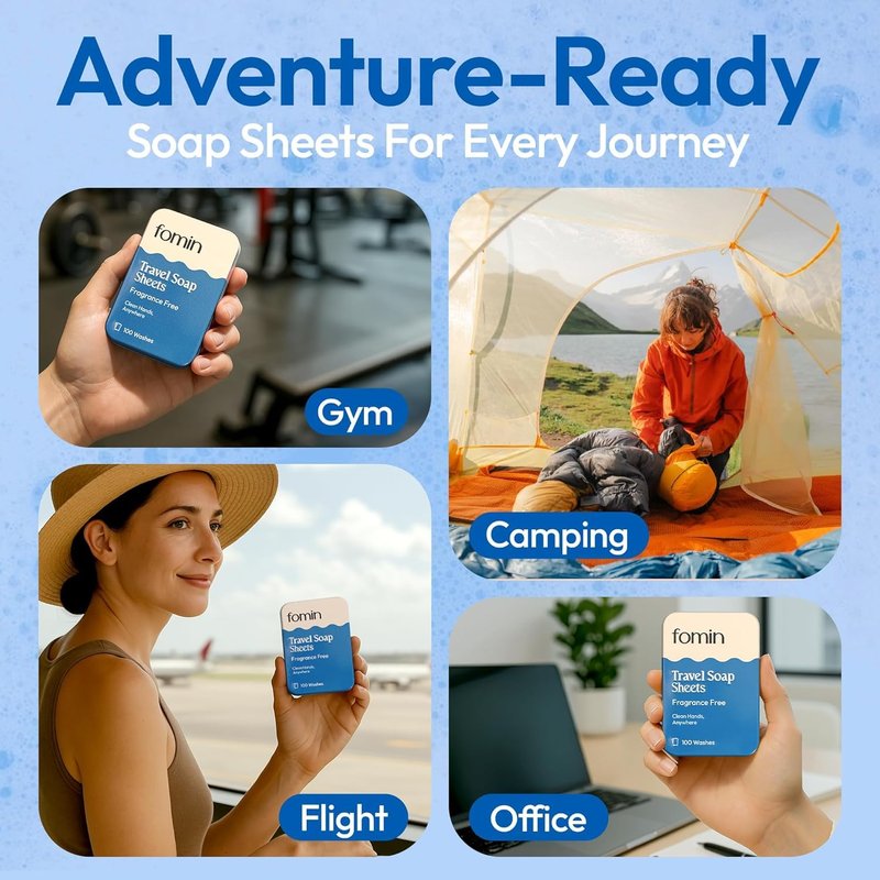 FOMIN - Antibacterial Paper Soap Sheets for Traveling - 300 Unscented Portable Hand Soap Sheets for Travel in Tin - Dissolvable Mini Portable Travel Soap Sheet for Hand Washing, Camping and Hiking