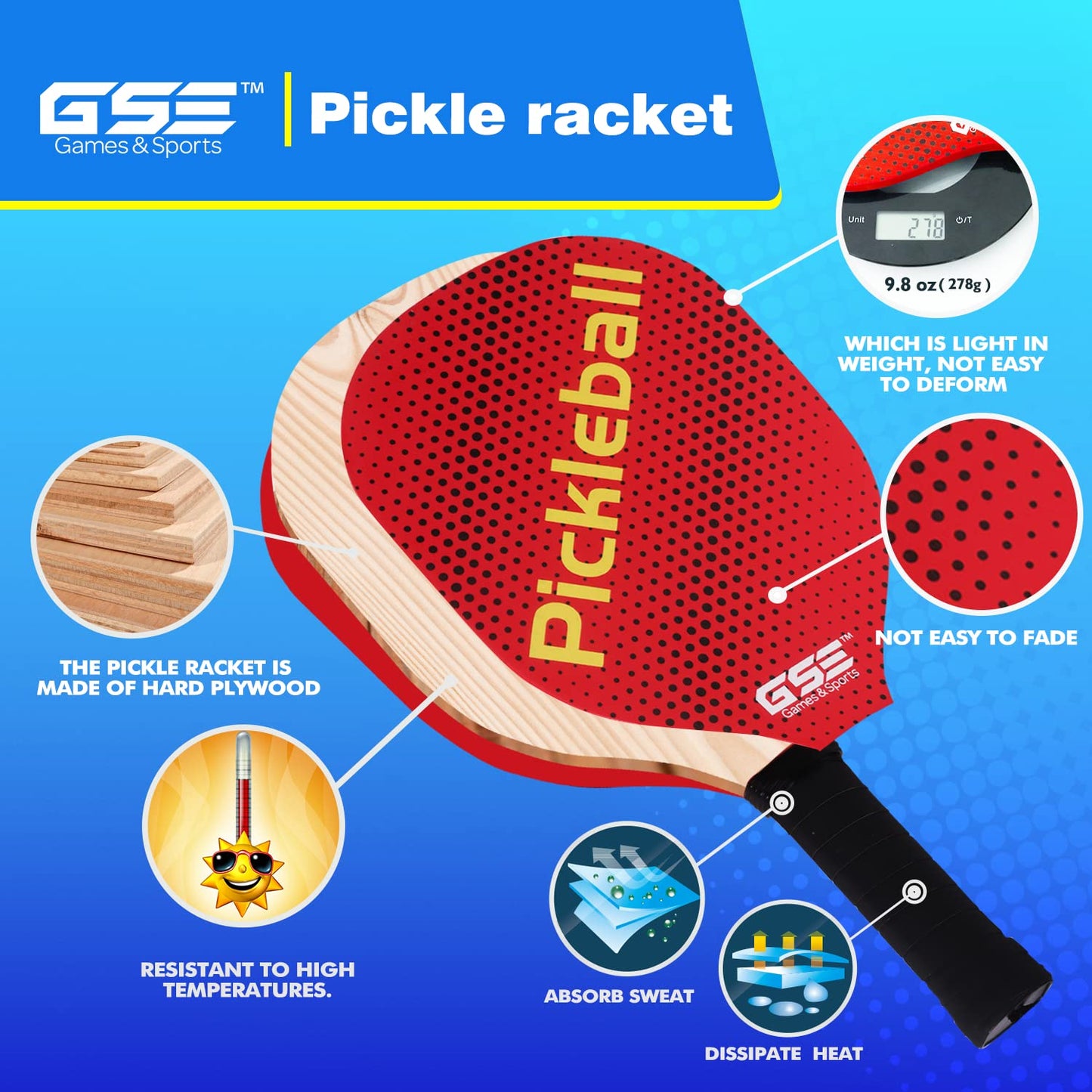 GSE Games & Sports Expert Pickleball Paddles Set of 2 Lightweight Rackets, 4 Indoor/Outdoor Pickle-Balls & Mesh Carrying Bag for Men, Women, Family and Friends