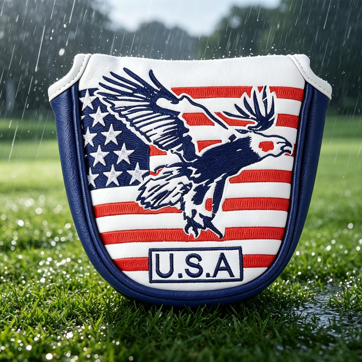 GOOACTION American Eagle Mallet Putter Head Cover – 3D Embroidered Stars & Stripes with Eagle, Magnetic Closure, Waterproof PU Leather, Patriotic Golf Cover