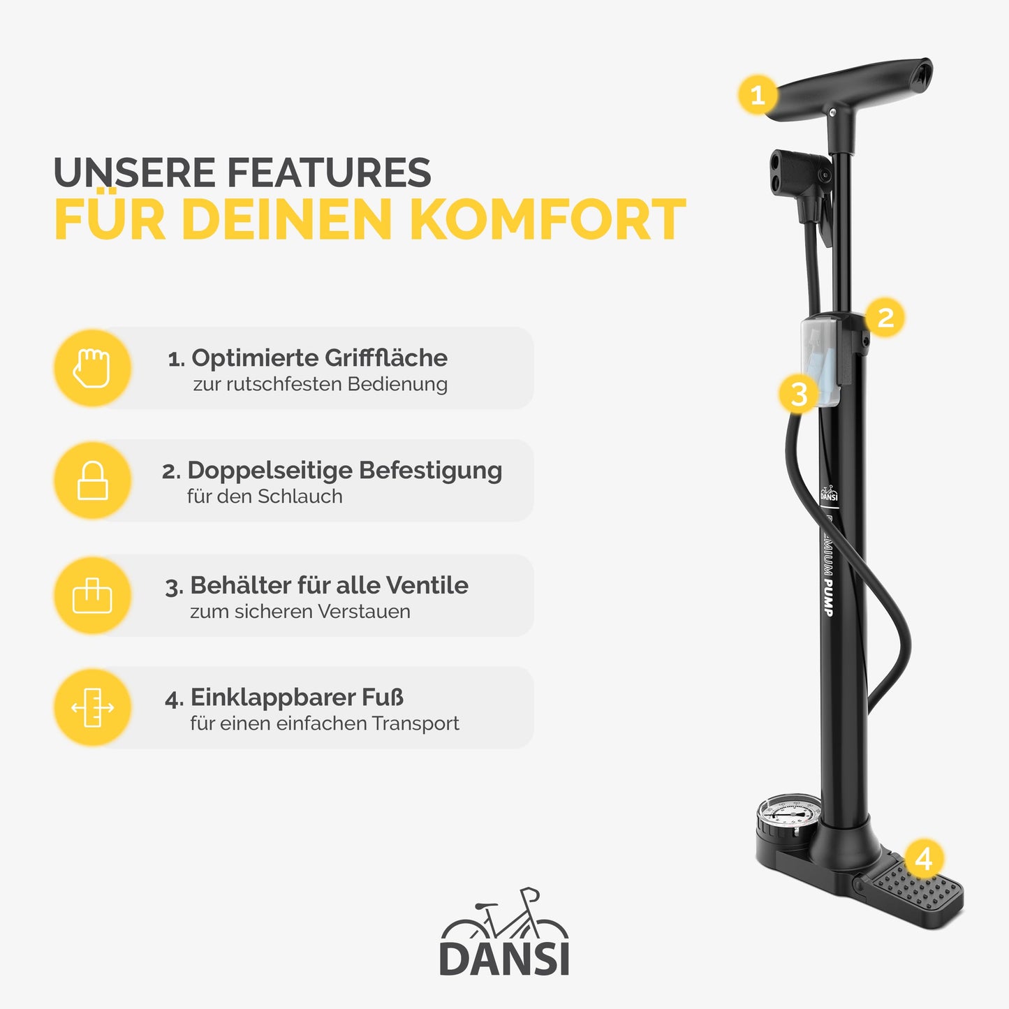 DANSI Bike Floor Pump with Gauge, Floor Bicycle Pump with Both Presta and Schrader Bicycle Pumps Valves High Pressure 180Psi Multi-Purpose Portable Air Pump for Road Bike MTB Sports Balls