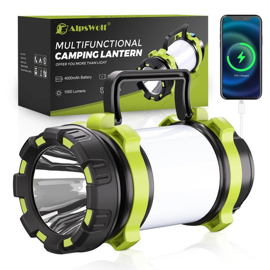 AlpsWolf Rechargeable Flashlight, 6 Modes Camping Flashlight LED Camping Lantern for Power Outage, Flashlight for Home, Emergency, Green