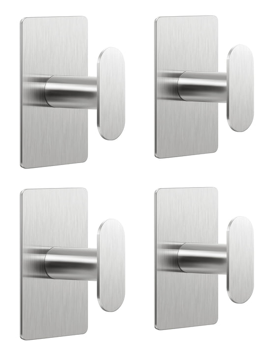 Adhesive Towel Hooks for Bathroom: 20LB Extra Strong Wall Hanger for Shower Kitchen RV Dorm Apartment, Silver 4 Pack