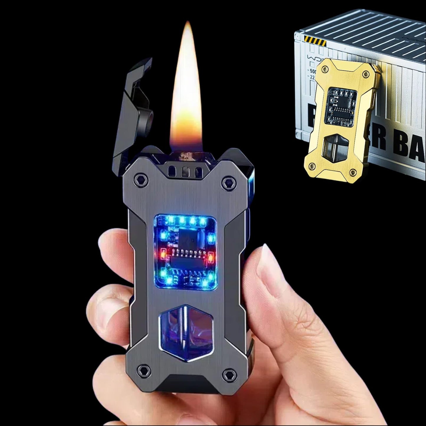 NINSI Smart Kerosene Lighter 4-Ignition Methods, Voice Activated Soft Flame Lighter, Metal Mecha Style Refillable Lighters with Cool Colorful Breathing Light (Ice Black, No Fuel)
