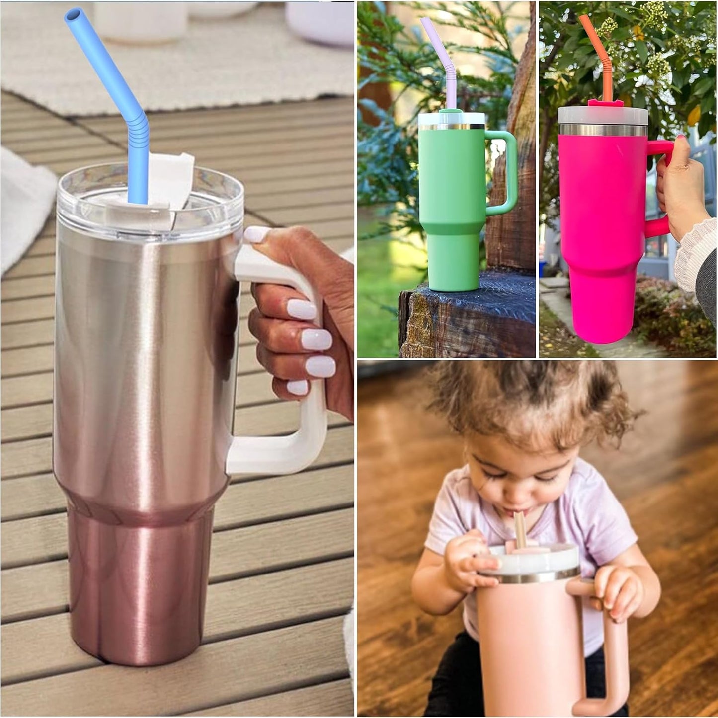 XANGNIER Extra Long Silicone Replacement Straws - 14” Pastel Color for Stanley 40 oz Cup | 6 Pack with Cleaning Brush
