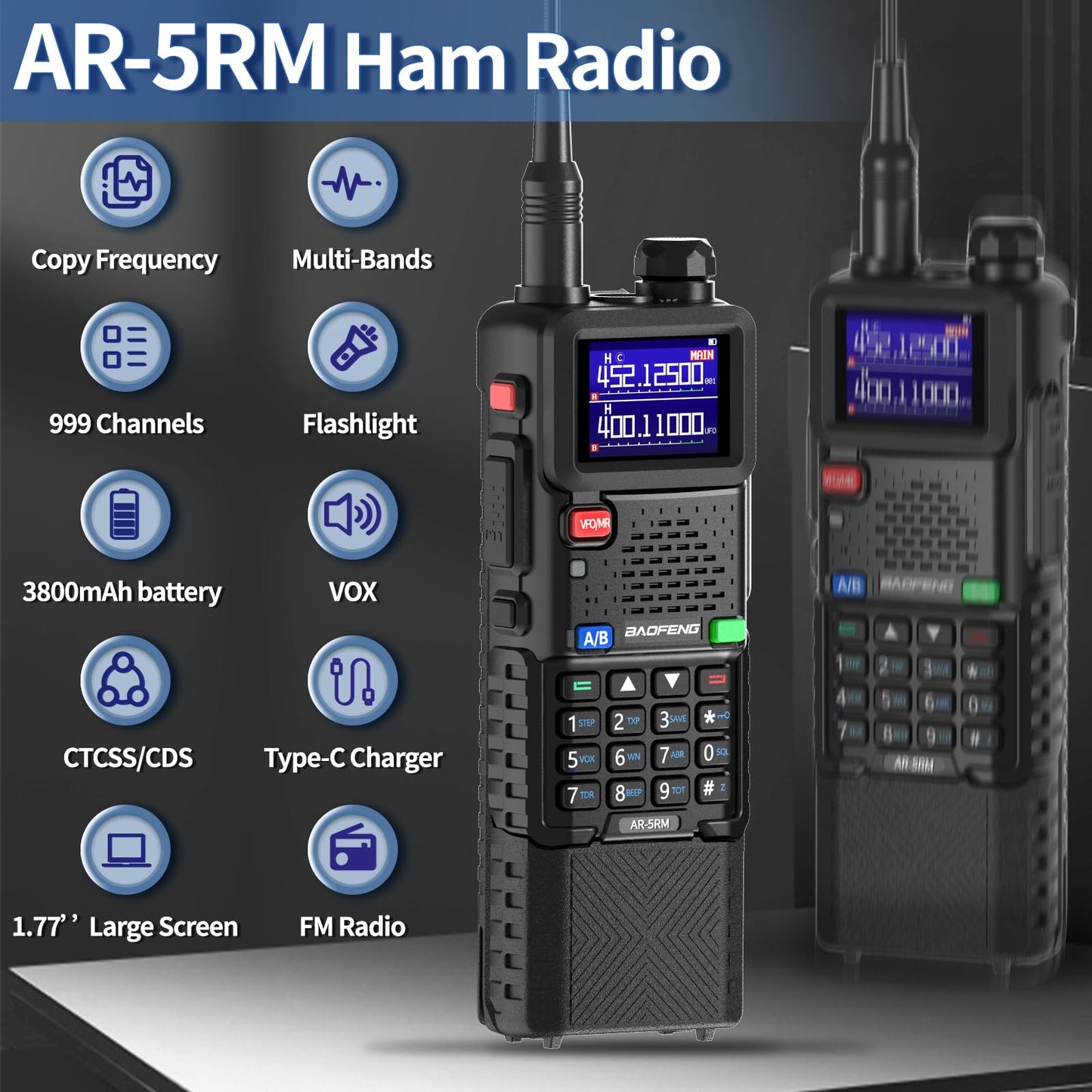 Ham Radio Baofeng Radio10W 5RM FM Radio Handheld Two Way Radio Long Range AR-5RM NOAA Weather Radio DTMF Walkie Talkies Copy Frequency 999CH USB-C Charger 3800mAh Battery Survival Radios (2 Pack)