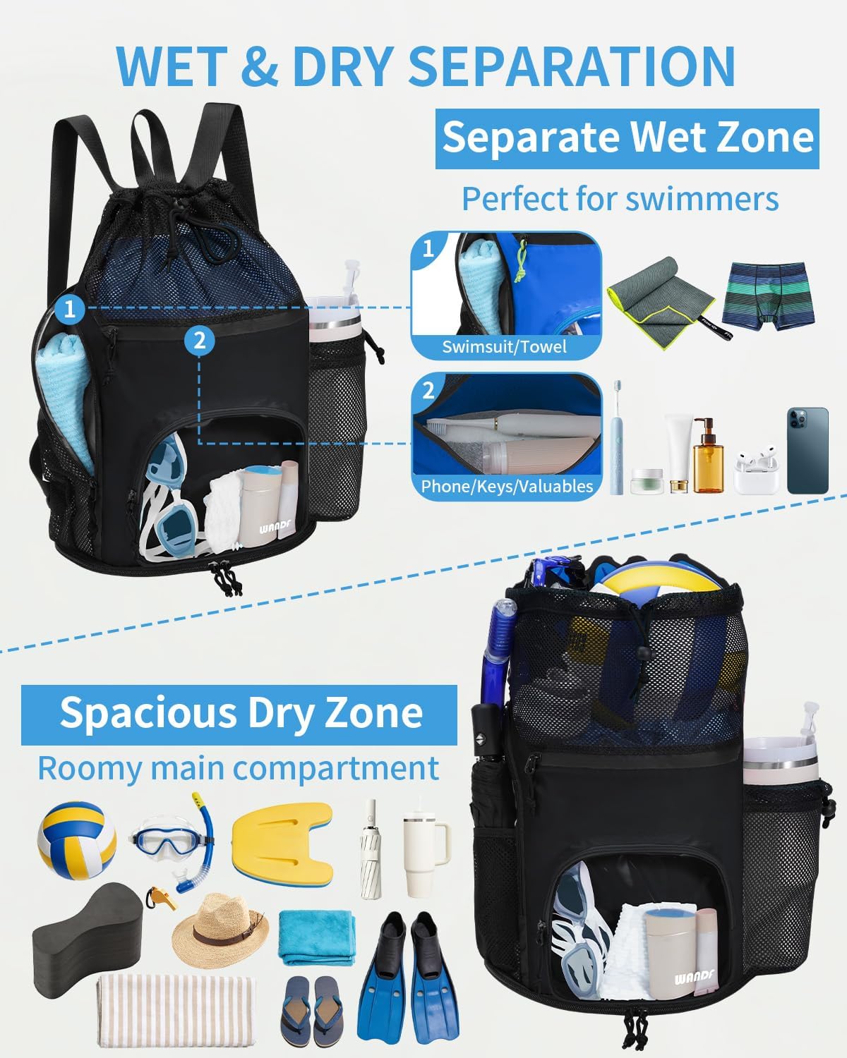 WANDF Swim Bag - Sandproof Beach Backpack with Wet Pockets & 40oz Tumbler Holder | Black
