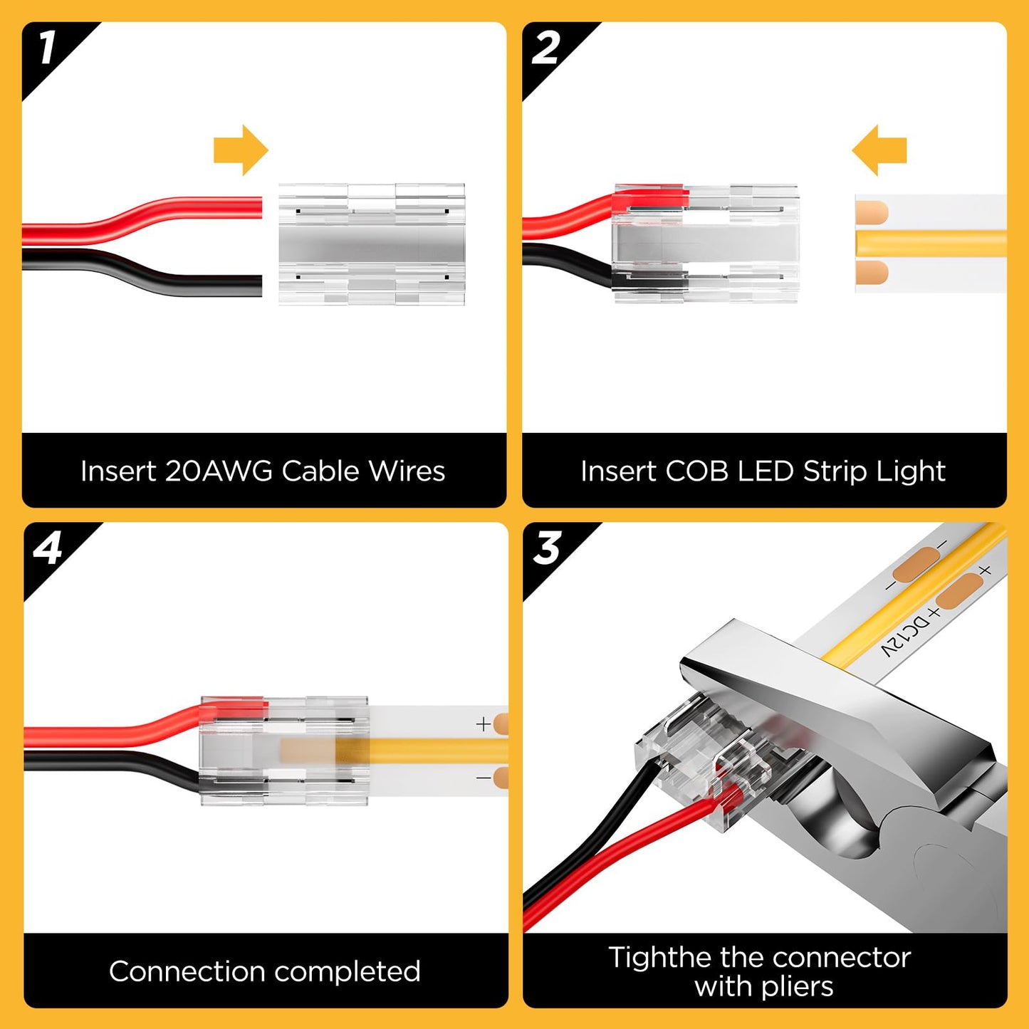 DEIGCYU 20 Pack 8-in-1 LED Strip Connectors with 6.6FT (2m) 20AWG Wires, for 8mm 2-Pin COB/SMD 2835/3528 LED Strips – Straight, Corner, Strip-to-Strip & Strip-to-Wire
