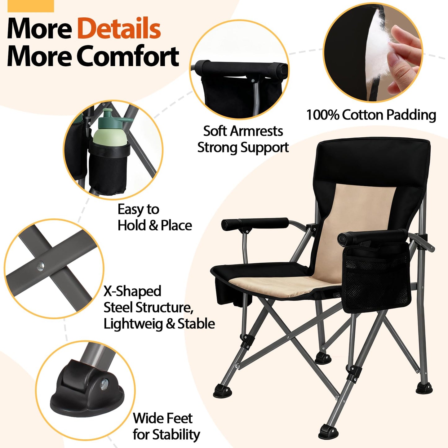 Heated Camping Chair with 20,000 mAh Battery, Loog-Lasting for 500 Mins, Fully Padded Heated Camp Chairs, Heavy Duty Folding Chairs Supports 500 lbs for Winter Camping, Picnics, Tailgating, RV Travel