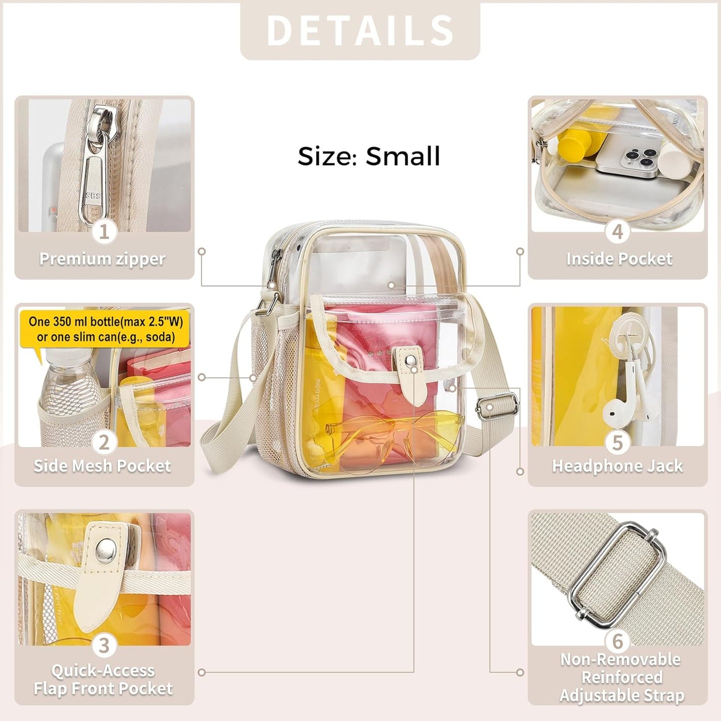 Spodears Clear Crossbody Bag - Perfect for Stadiums, Concerts & Festivals | Adjustable Strap & Bottle Holder