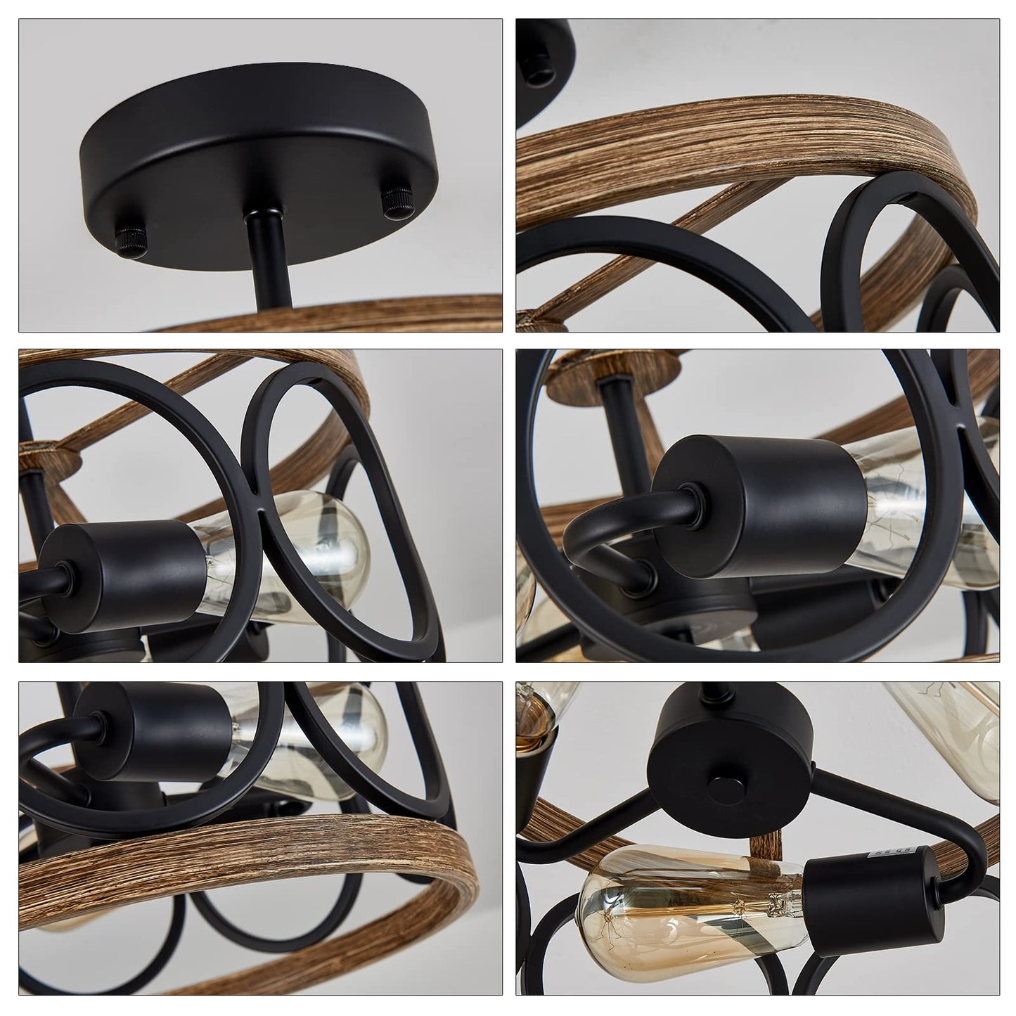 MEIXISUE Semi Flush Mount Modern Farmhouse Ceiling Light Fixtures,3-Lights Black and Retro Wood Finish,Drum Shade Rustic Light Fixtures for Entryway Hallway Foyer Kitchen Dining Room Bedroom