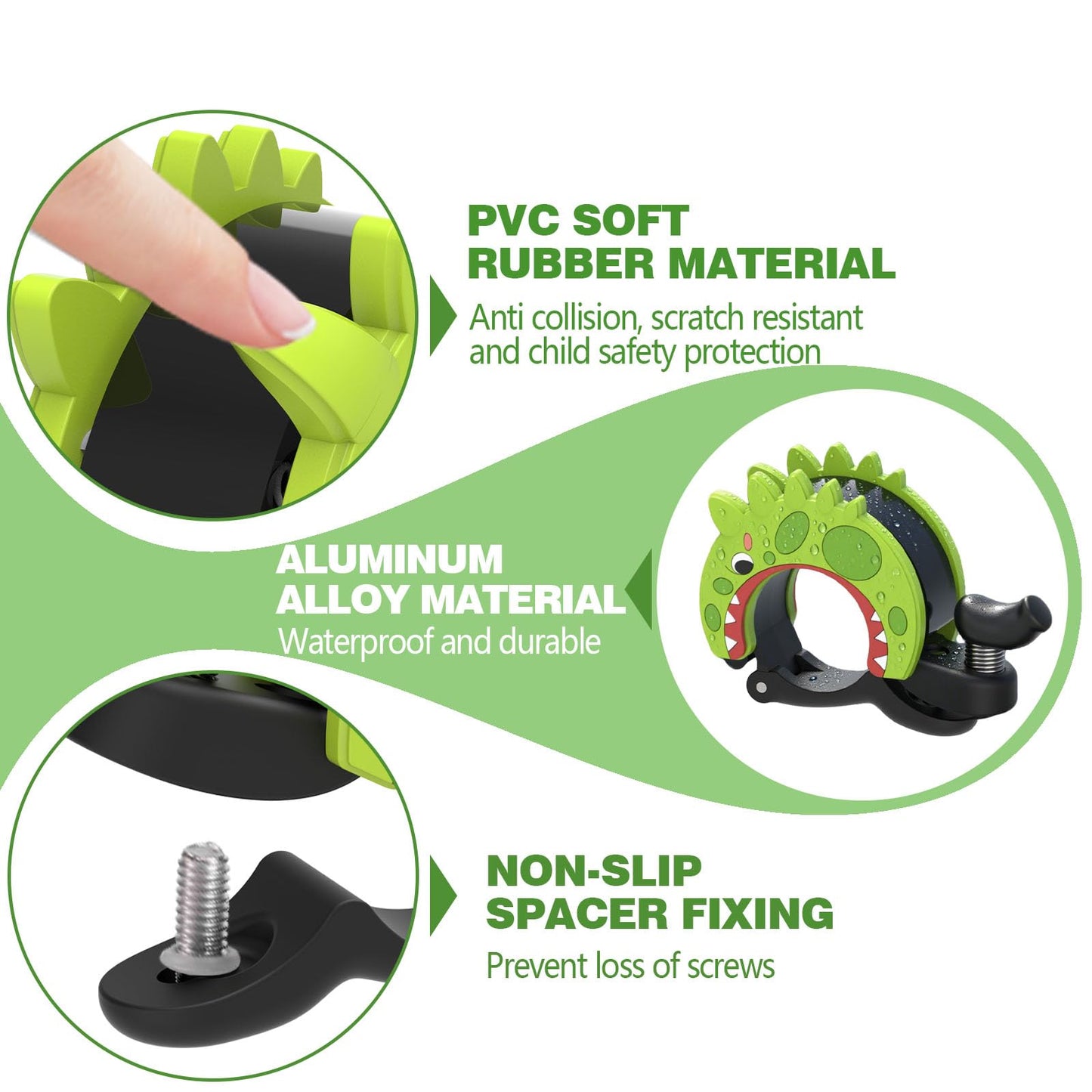 Bike Bell for Kids Dinosaur,110dB Loud, Fits 22.2-25.4mm Handlebars, Mountain/Road Bike & Scooter Safety for Boys Girls,Green-1Pack.