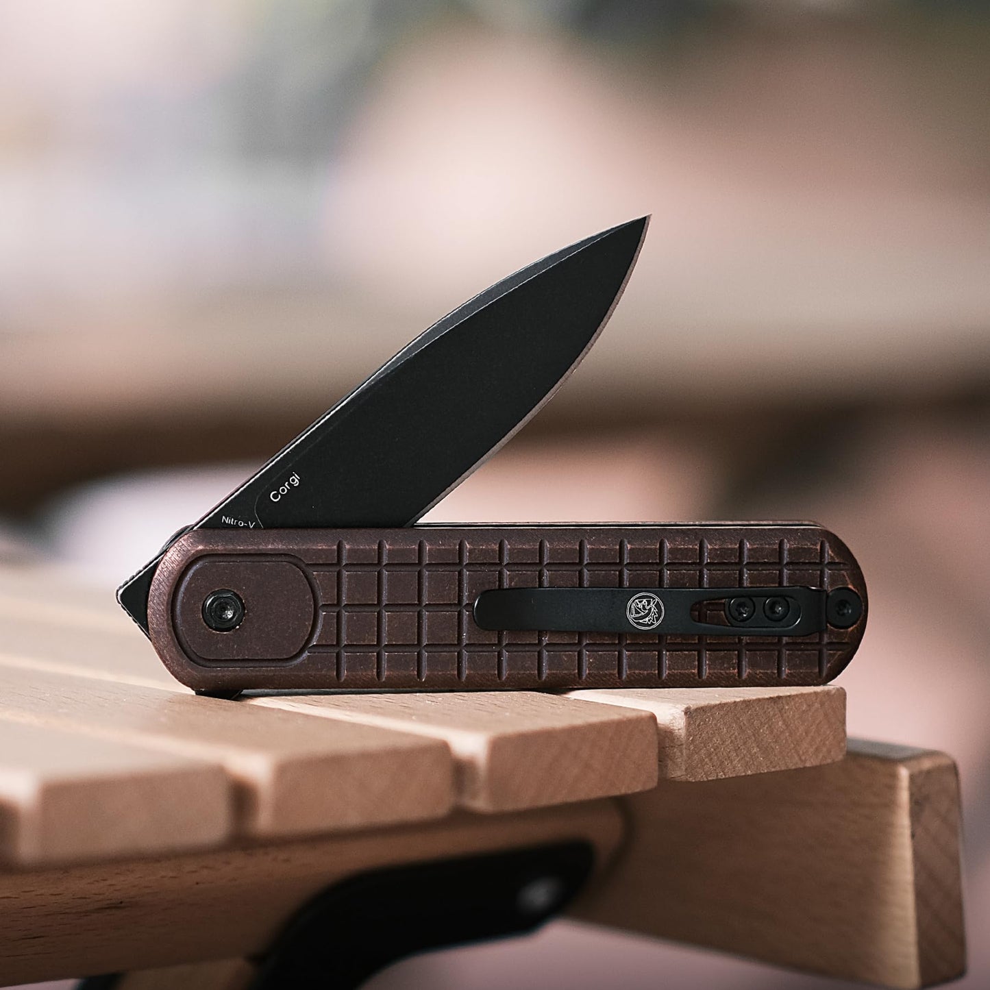 Vosteed Corgi Small EDC Pocket Knife - 2.99" Nitro-V Black Stonewash Blade - Patented Trek Lock, Copper Handle for Hiking, Camping - A0715