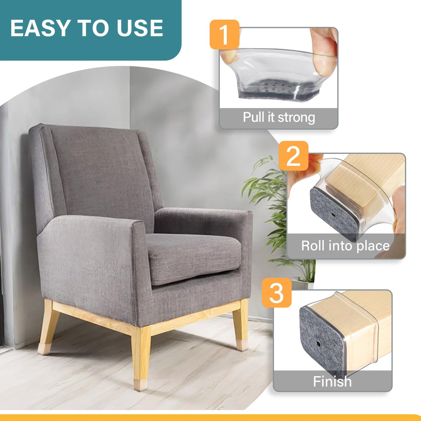 24 Pcs Chair Leg Floor Protectors Rectangle, Silicone Felt Furniture Leg Pads Caps Covers for Hardwood Floors (Fit Perimeter 3-3/4" to 4-7/8")