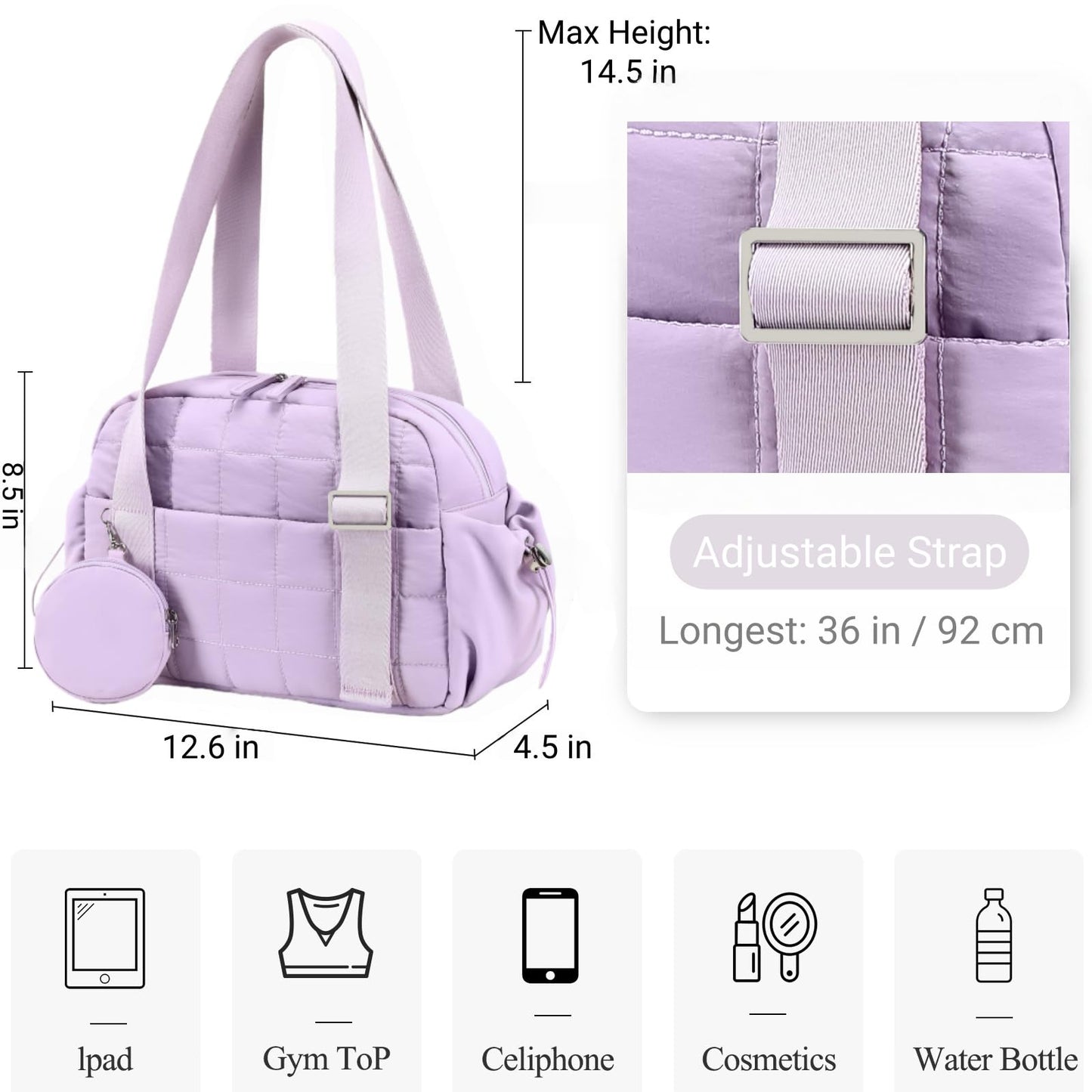 CAMTOP Mini Gym Bag for Women, Small Gym Tote Bag Puffy Quilted Sports Duffel Bag with Wet Compartment and Coin Purse Duffel Bags Dance Yoga Workout Bag for Gifts (Fashional Purple, Mini-12.6")