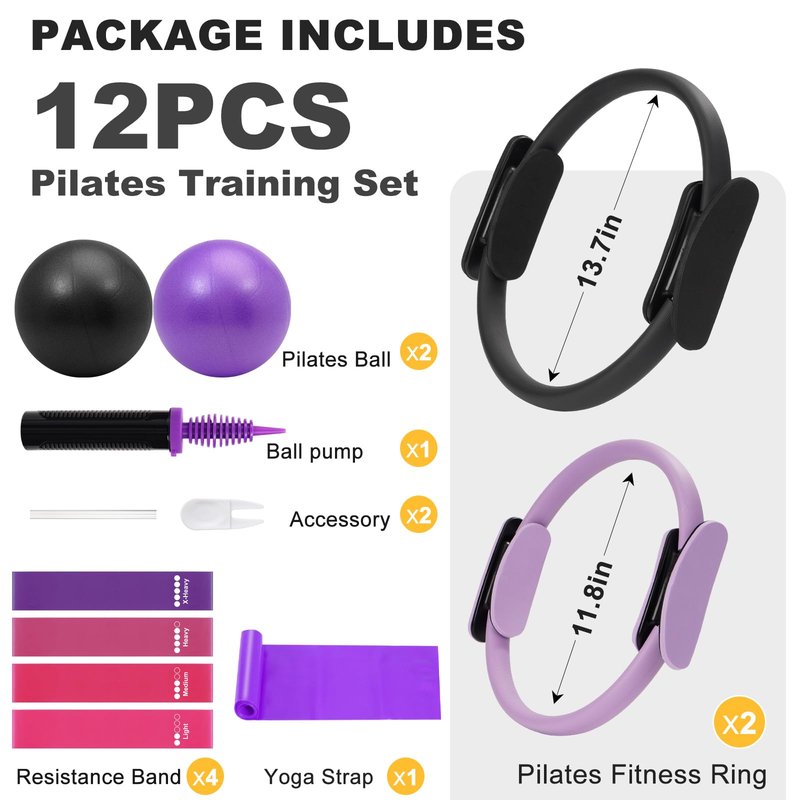 WOCUME Pilates Ring Fitness Circles Set, Dual Padded Handles Home Pilates Equipment Set for Women Includes 2 Pilates Ring, 2 Pilates Mini Ball, and 5 Resistance Bands At Home Pilates Workout Set