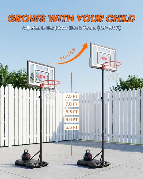 IGL Kids Basketball Hoop Outdoor | 4-8.5ft Adjustable Height | 33" Shatterproof Backboard | Fillable Base & Extra Anchor | Portable Goal w/Wheels for Backyard Driveway