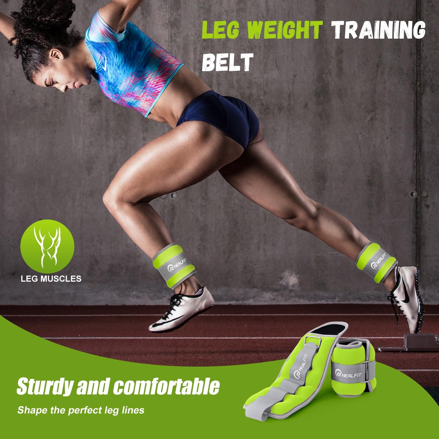 NEALFIT Ankle Weights 1/2/3/4/6/10 LBS for Men Women Kids, Leg Arm Wrist Weights with Adjustable Strap for Running, Aerobics, Strength Training, Physical Therapy, Fitness (Green, 1 lb x 2 (2LB Pair))