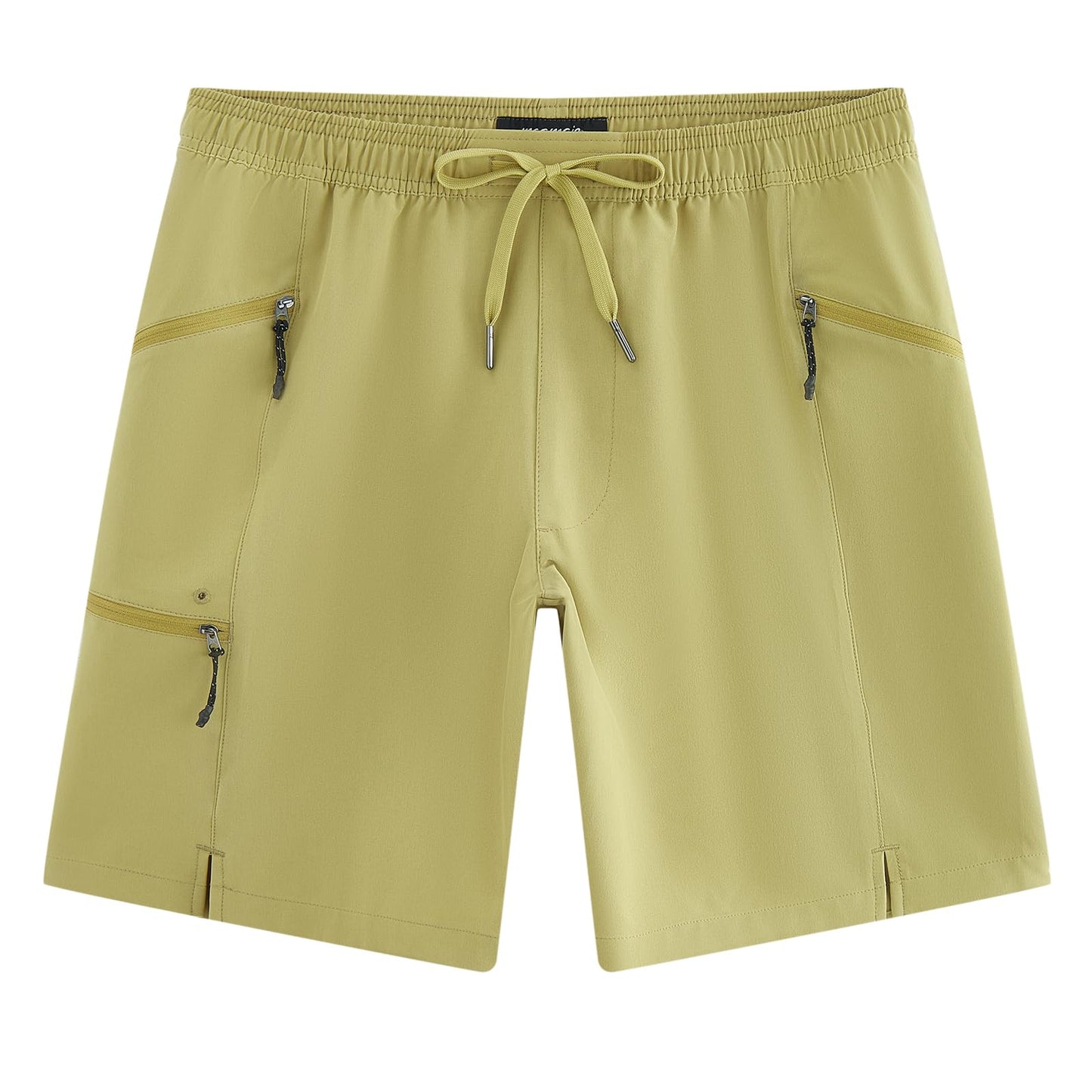 maamgic Mens Swim Trunks 9" Unlined Quick Dry Board Shorts with Zipper Pockets, 4-Way Stretch Bathing Suits for Beach, Vacation, Cruise，Yellowish-Green Medium