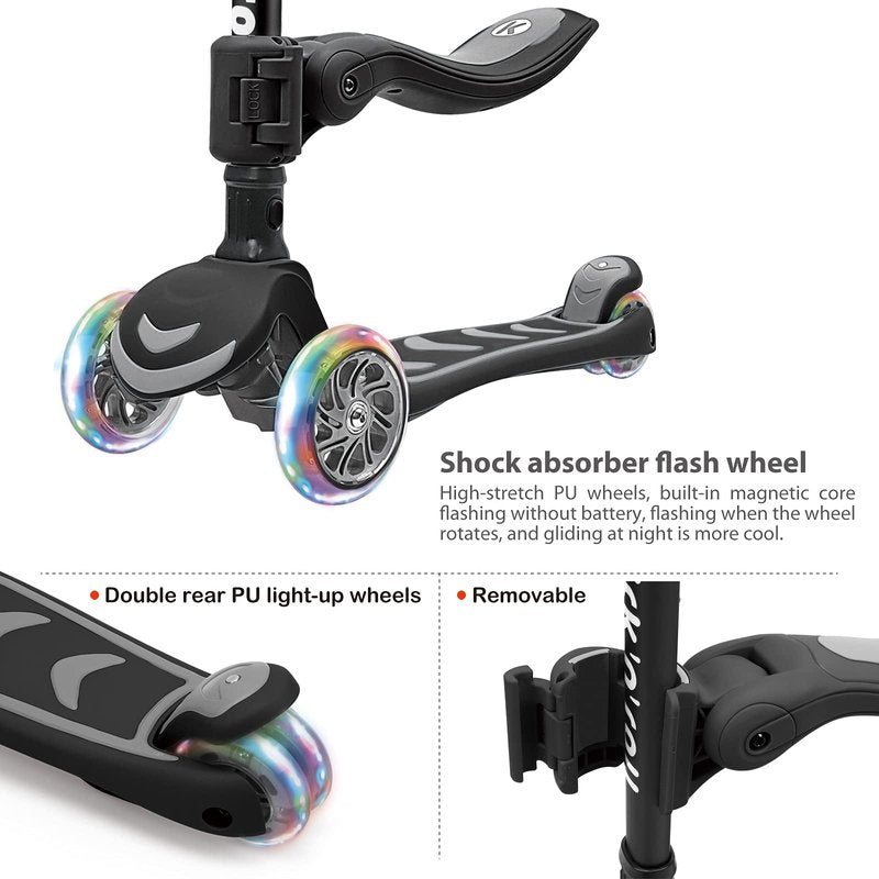 Kicknroll Toddler Scooter for Kids with Seat, Foldable Scooter with 3 LED Light up Wheels and 4 Adjustable Height, Lean to Steer, Extra Wide Deck, 110 Lbs Capacity
