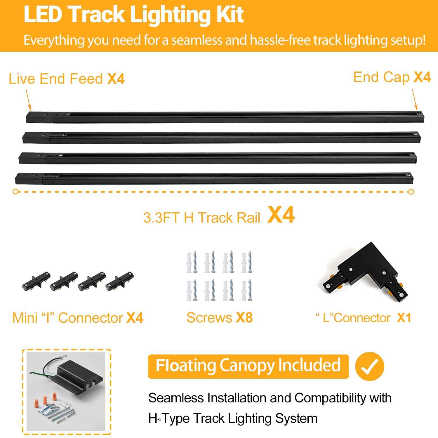VANoopee 13FT H Track Lighting Rails Black, H Type Track Lighting Kit with Floating Canopy Connector, End Caps, Live End Feeds, I T & L Connectors, Compatible with Single Circuit H Style Track System